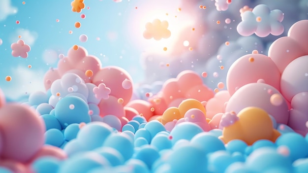 Abstract whimsical landscape with vibrant pastel clouds and playful floating particles in a sunny