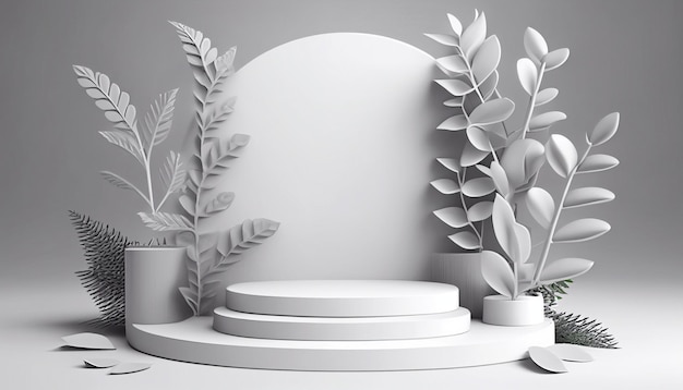 Abstract white 3D room with realistic white cylinder pedestal podium set and palm leaf shadow overlay. Minimal scene for product display presentation. geometric platform. Stage for showcase. Generativ