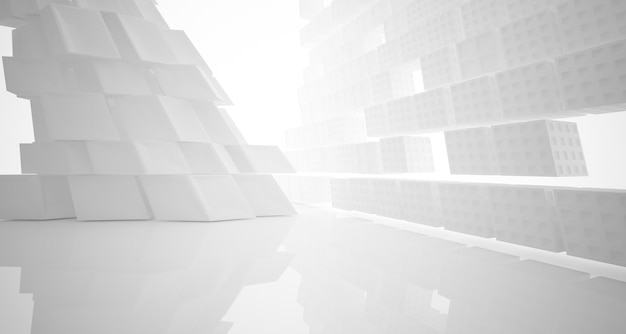 Abstract white architectural interior from an array of white cubes with large windows 3D