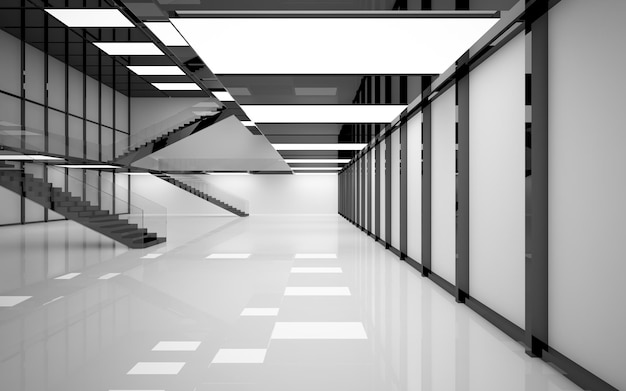 Abstract white and black interior multilevel public space with window. 3D illustration and rendering