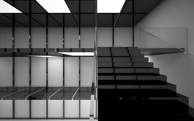 Abstract white and black interior multilevel public space with window. 3D illustration and rendering