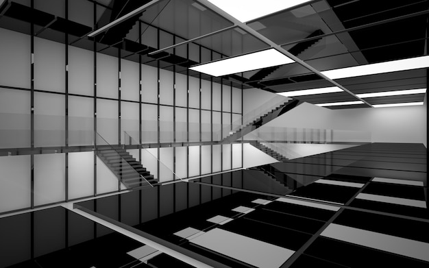 Abstract white and black interior multilevel public space with window. 3D illustration and rendering