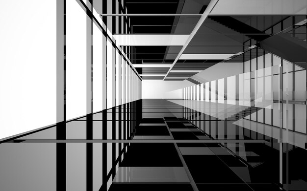 Abstract white and black interior multilevel public space with window. 3D illustration and rendering