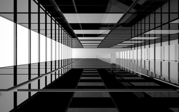 Abstract white and black interior multilevel public space with window. 3D illustration and rendering