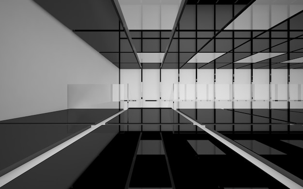 Abstract white and black interior multilevel public space with window. 3D illustration and rendering