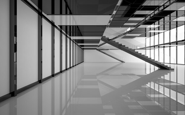 Abstract white and black interior multilevel public space with window. 3D illustration and rendering