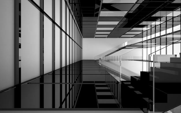 Abstract white and black interior multilevel public space with window. 3D illustration and rendering