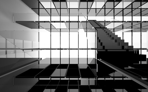 Abstract white and black interior multilevel public space with window. 3D illustration and rendering