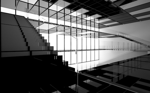 Abstract white and black interior multilevel public space with window. 3D illustration and rendering