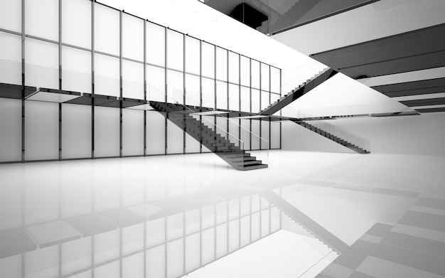 Abstract white and black interior multilevel public space with window. 3D illustration and rendering