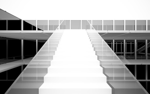 Abstract white and black interior multilevel public space with window. 3D illustration and rendering