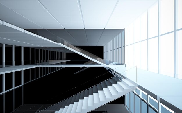 Abstract white and black interior multilevel public space with window. 3D illustration and rendering