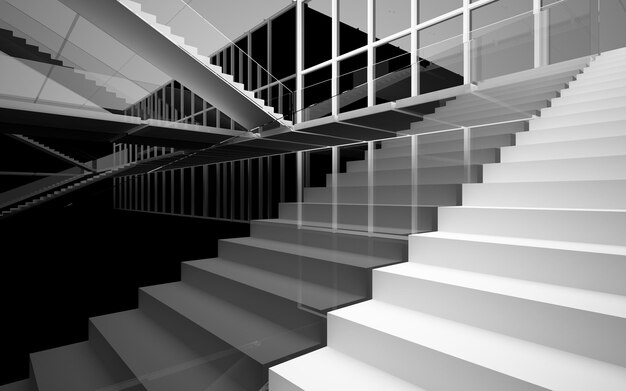 Abstract white and black interior multilevel public space with window. 3D illustration and rendering