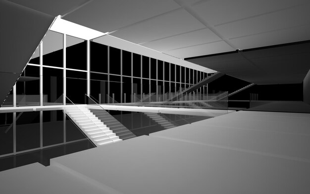 Abstract white and black interior multilevel public space with window. 3D illustration and rendering