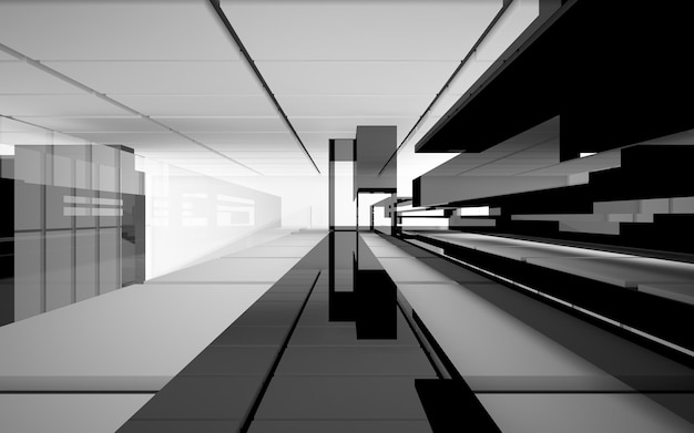 Abstract white and black interior multilevel public space with window. 3D illustration and rendering