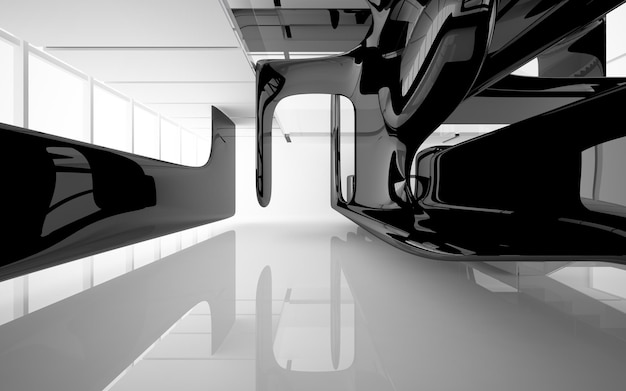 Abstract white and black interior multilevel public space with window. 3D illustration and rendering