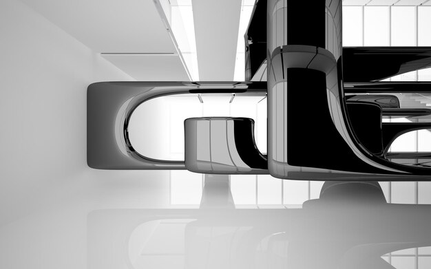 Abstract white and black interior multilevel public space with window. 3D illustration and rendering