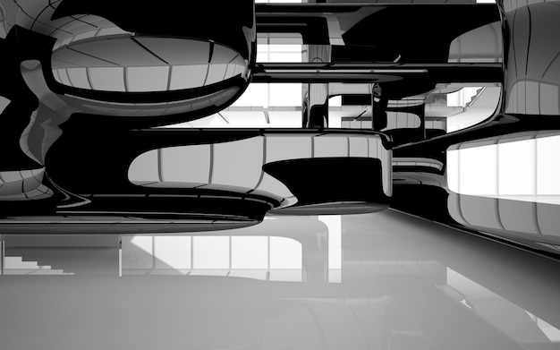 Abstract white and black interior multilevel public space with window. 3D illustration and rendering