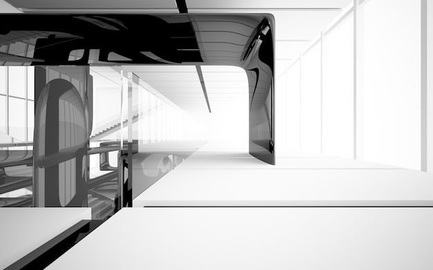 Abstract white and black interior multilevel public space with window. 3D illustration and rendering