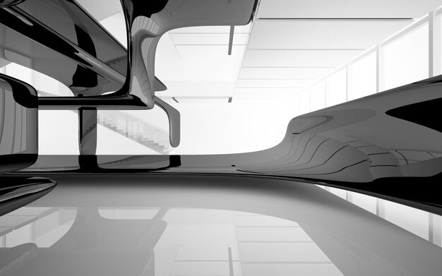 Abstract white and black interior multilevel public space with window. 3D illustration and rendering