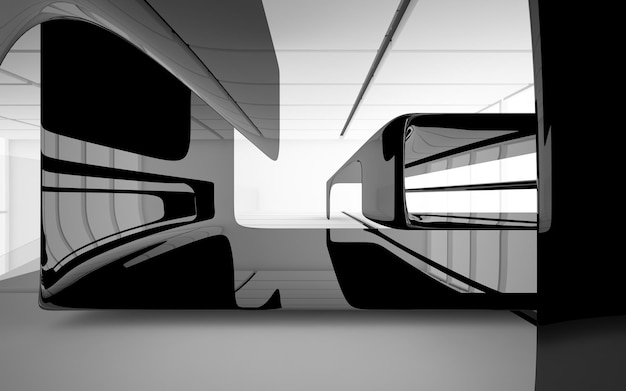 Abstract white and black interior multilevel public space with window. 3D illustration and rendering