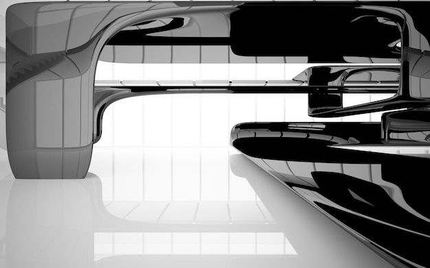 Abstract white and black interior multilevel public space with window. 3D illustration and rendering