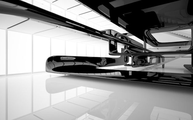 Abstract white and black interior multilevel public space with window. 3D illustration and rendering