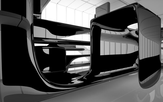 Abstract white and black interior multilevel public space with window. 3D illustration and rendering