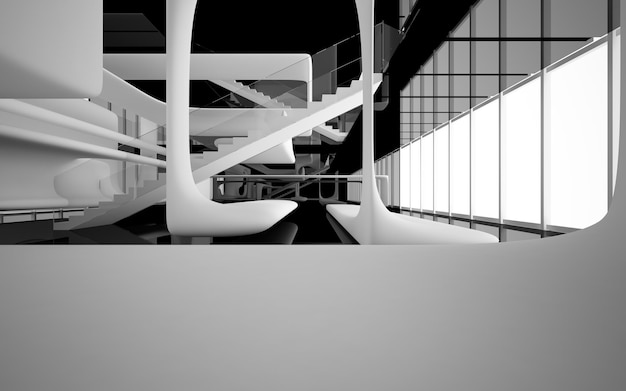 Abstract white and black interior multilevel public space with window. 3D illustration and rendering