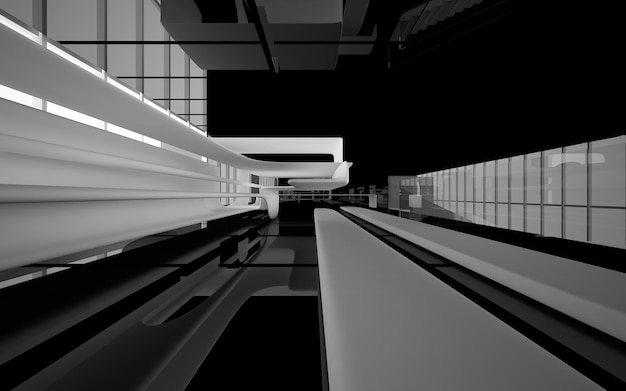 Abstract white and black interior multilevel public space with window. 3D illustration and rendering