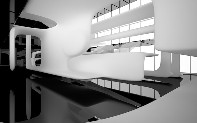 Abstract white and black interior multilevel public space with window. 3D illustration and rendering