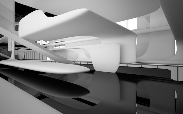 Abstract white and black interior multilevel public space with window. 3D illustration and rendering