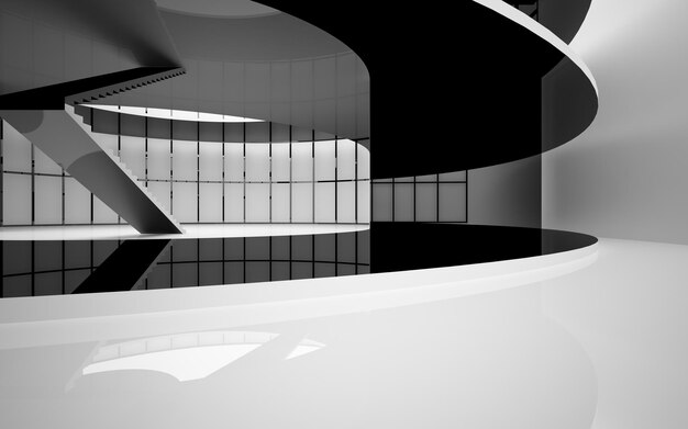 Abstract white and black interior multilevel public space with window 3D illustration and rendering