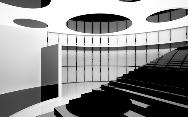 Abstract white and black interior multilevel public space with window 3D illustration and rendering