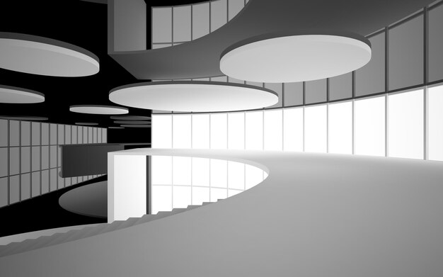 Abstract white and black interior multilevel public space with window 3D illustration and rendering