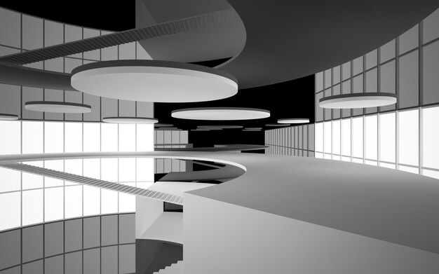 Abstract white and black interior multilevel public space with window 3D illustration and rendering