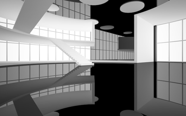 Abstract white and black interior multilevel public space with window 3D illustration and rendering