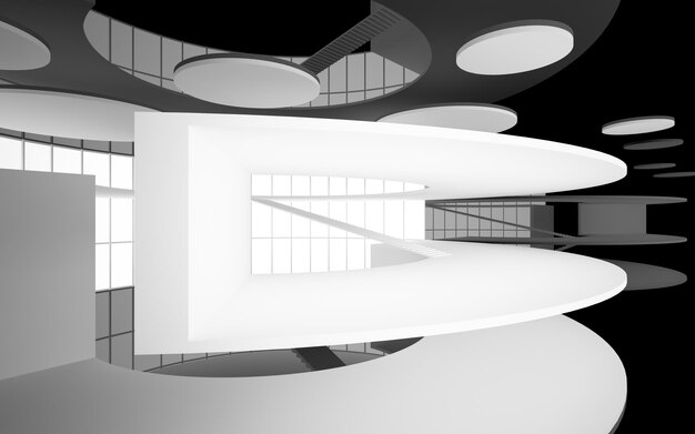 Abstract white and black interior multilevel public space with window 3D illustration and rendering