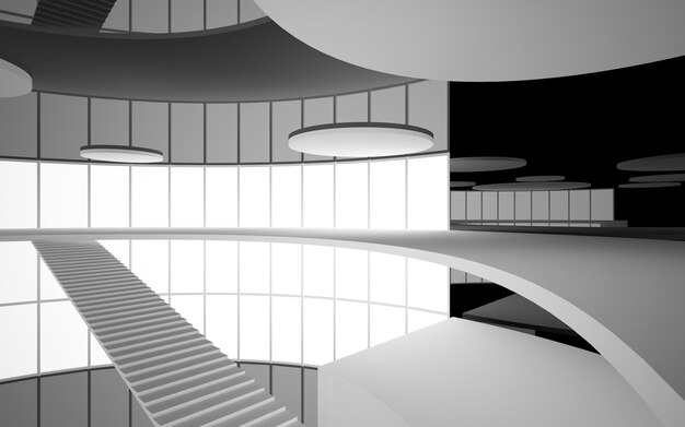 Abstract white and black interior multilevel public space with window 3D illustration and rendering