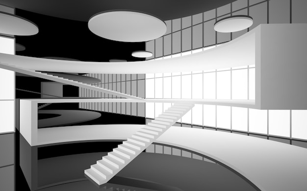 Abstract white and black interior multilevel public space with window 3D illustration and rendering