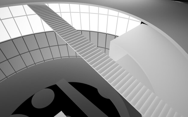 Abstract white and black interior multilevel public space with window 3D illustration and rendering