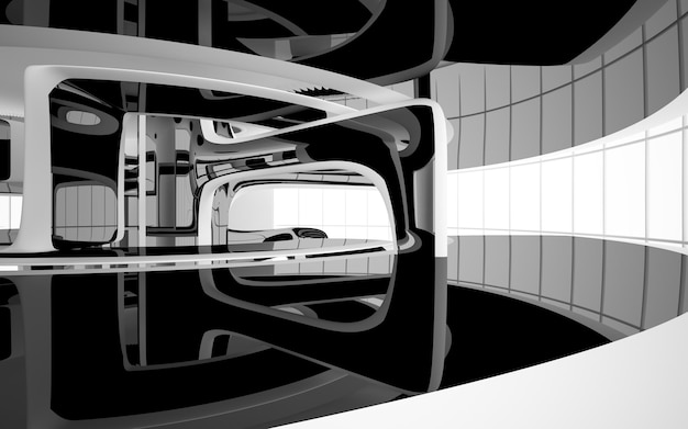 Abstract white and black interior multilevel public space with window 3D illustration and rendering