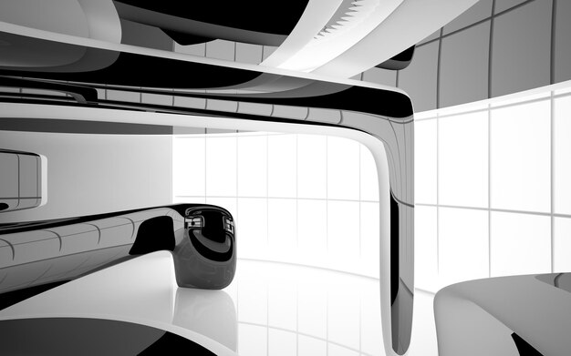 Abstract white and black interior multilevel public space with window 3D illustration and rendering