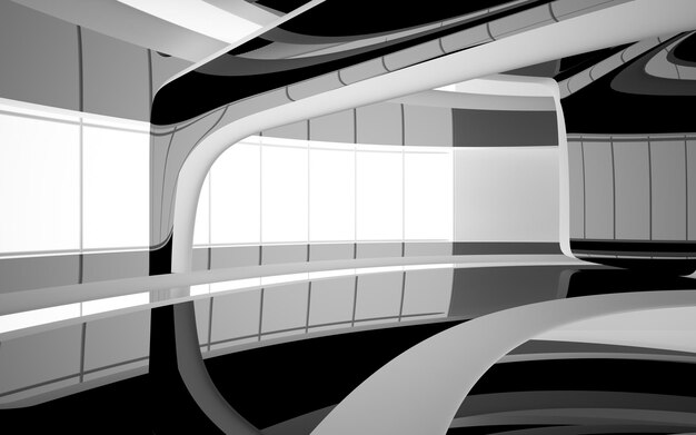 Abstract white and black interior multilevel public space with window 3D illustration and rendering