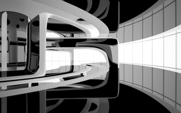 Abstract white and black interior multilevel public space with window 3D illustration and rendering