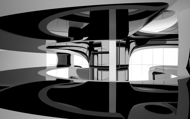 Abstract white and black interior multilevel public space with window 3D illustration and rendering