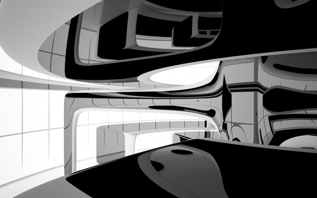 Abstract white and black interior multilevel public space with window 3D illustration and rendering