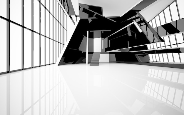 Abstract white and black interior multilevel public space with window 3D illustration and rendering