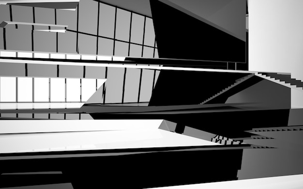 Abstract white and black interior multilevel public space with window 3D illustration and rendering