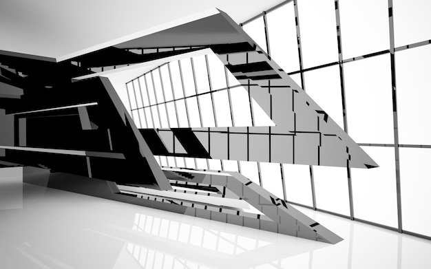 Abstract white and black interior multilevel public space with window 3D illustration and rendering